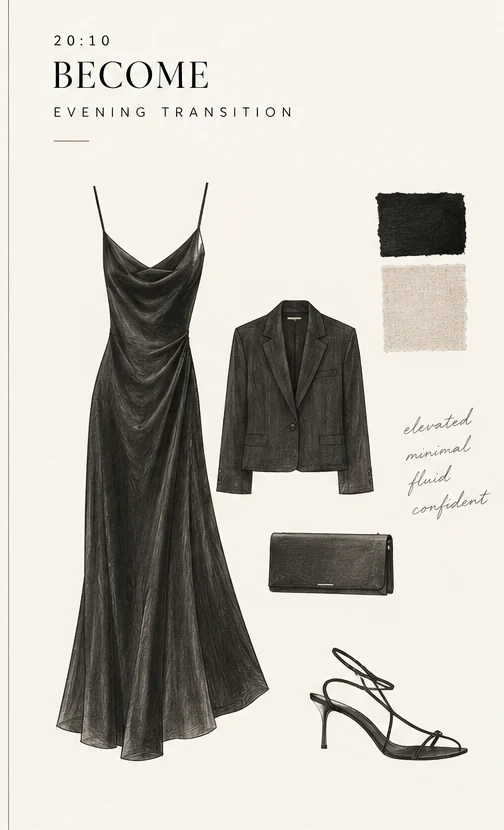 Concept fashion sketch of evening dress, blazer and accessories with fabric swatches