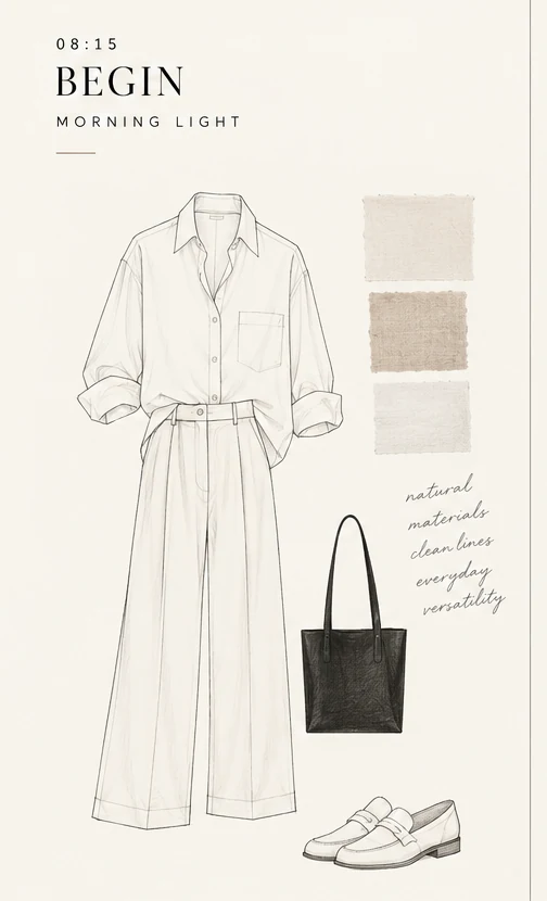 Concept fashion sketch of ivory shirt, tailored trousers and accessories with fabric swatches