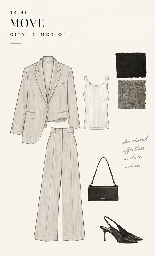 Concept fashion sketch of tailored blazer, trousers and accessories with fabric swatches
